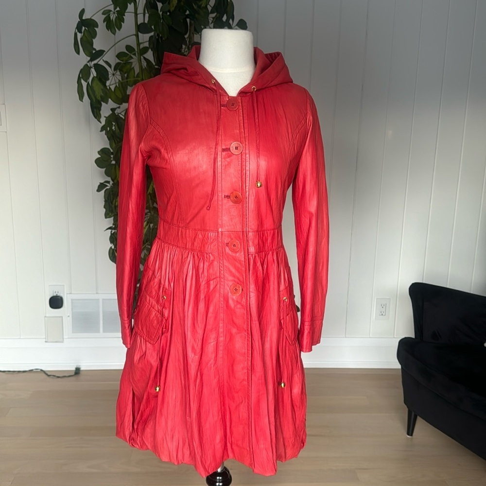 Vintage GENUINE Soft Coral Red Leather SCHAFSTALL Germany Parka Coat size 38
